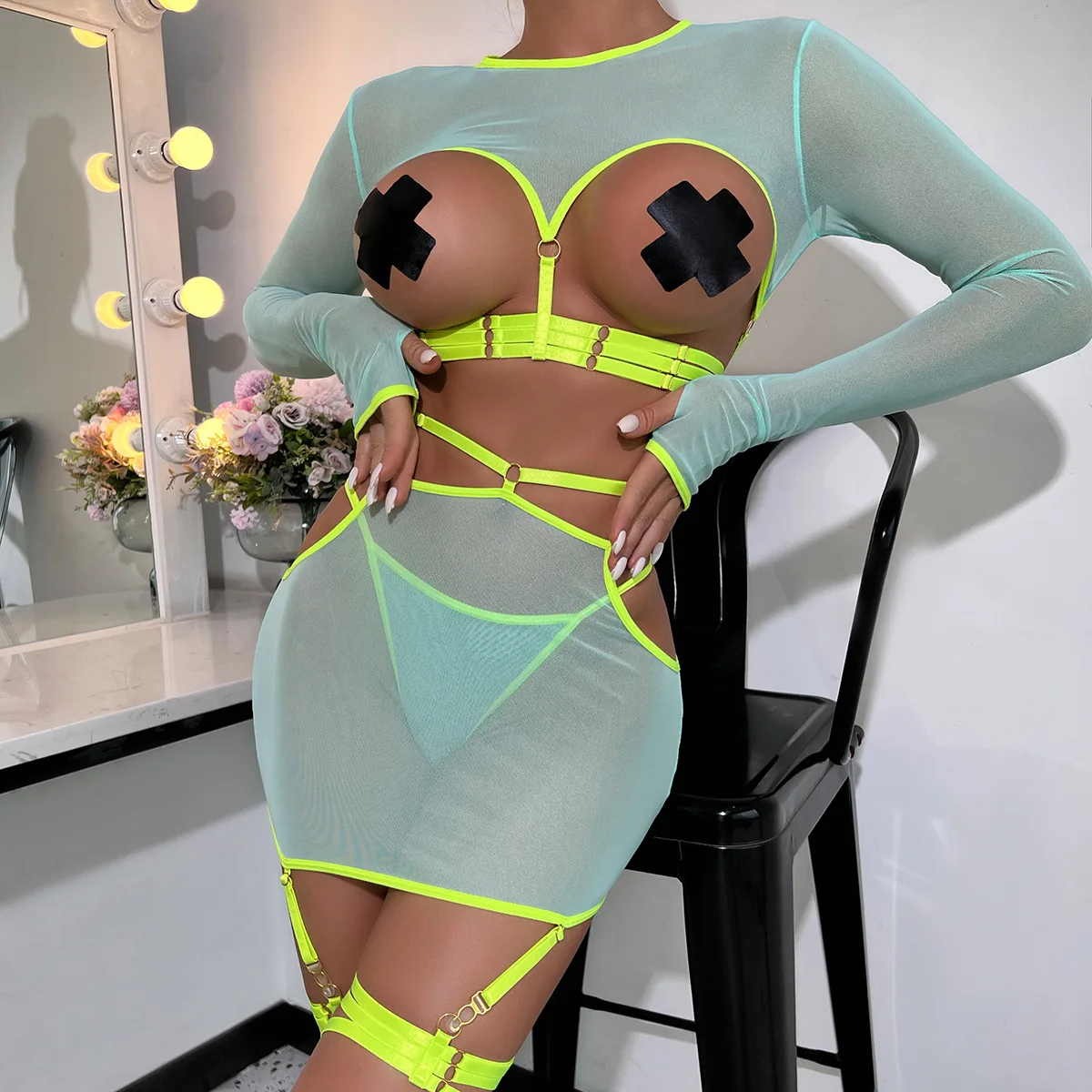 

5-piece Erotic Transparent Lingerie Set with Hollowed Out Bandages, Slim Fit Women's Shapewear, Club Long Sleeved Lingerie