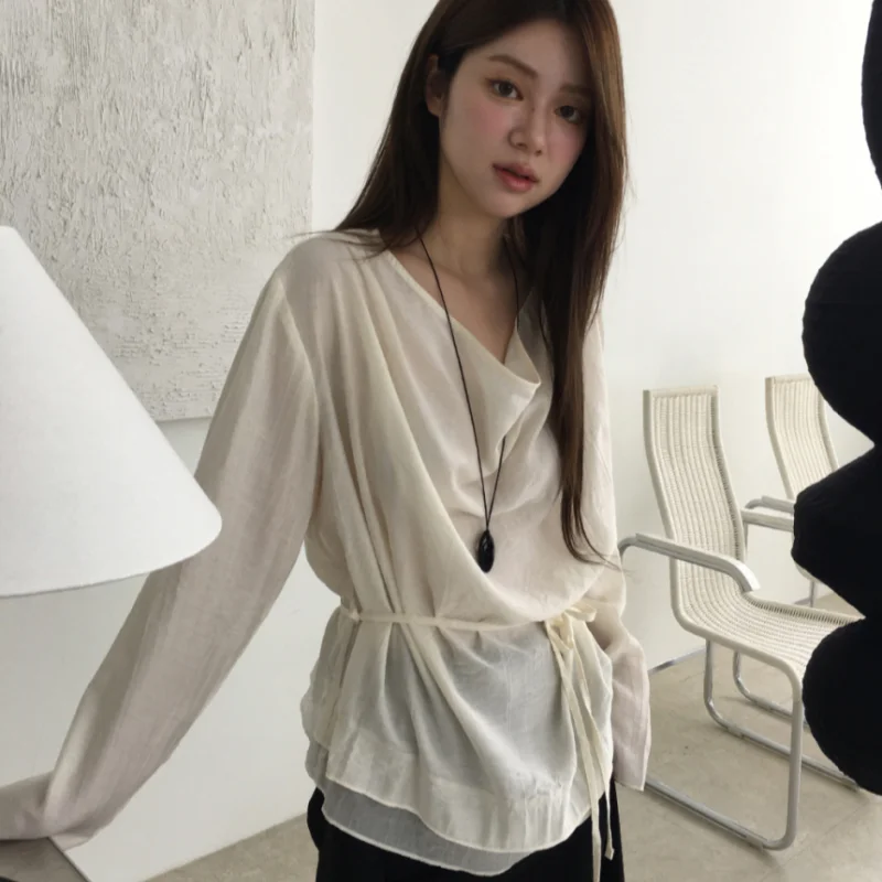 

Spring Chic Long Sleeve Loose Fitting Double Layer Hem Shirt with Draped Collar And Slight Transparency for Women