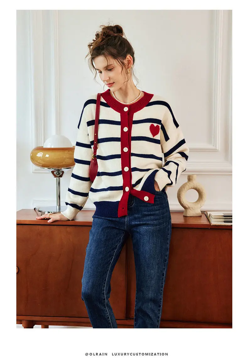 French striped sweater cardigan women\'s autumn new style contrasting round neck knitted jacket