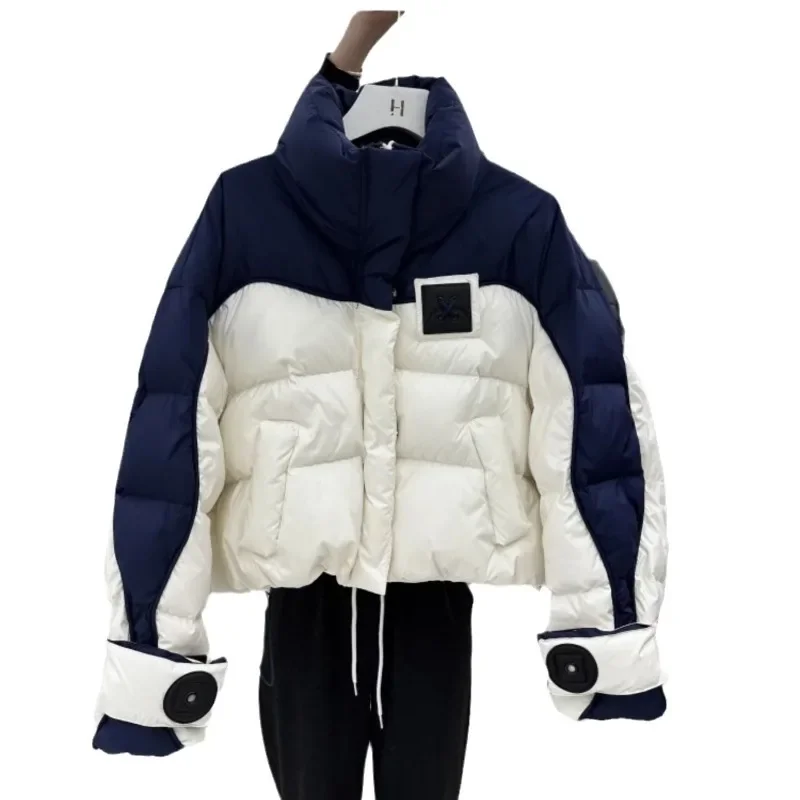 أزياء مزيج اللون النساء سترات فضفاضة سماكة سترة الشتاء البريدي أزرار مزدوجة بلاكيت تصاميم الدافئة الوقوف طوق جيوب معاطف