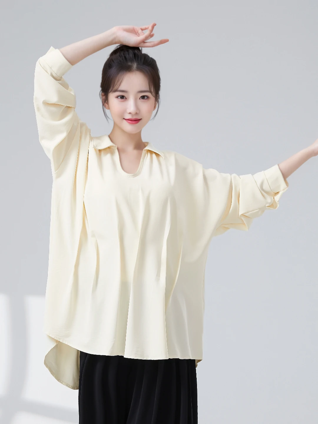 gtd-モダンダンス服女性のルーズ長袖-u-ネックダンスシャツ痩身シンプルダンストップトレーニングワークシャツ