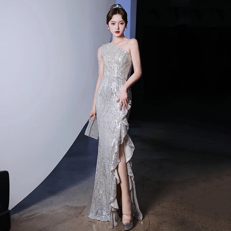 

Ele Fi Tail Evening Gown with Single oulder Tassel for Adult Host Luxury High End Cus Made Sensation Ball