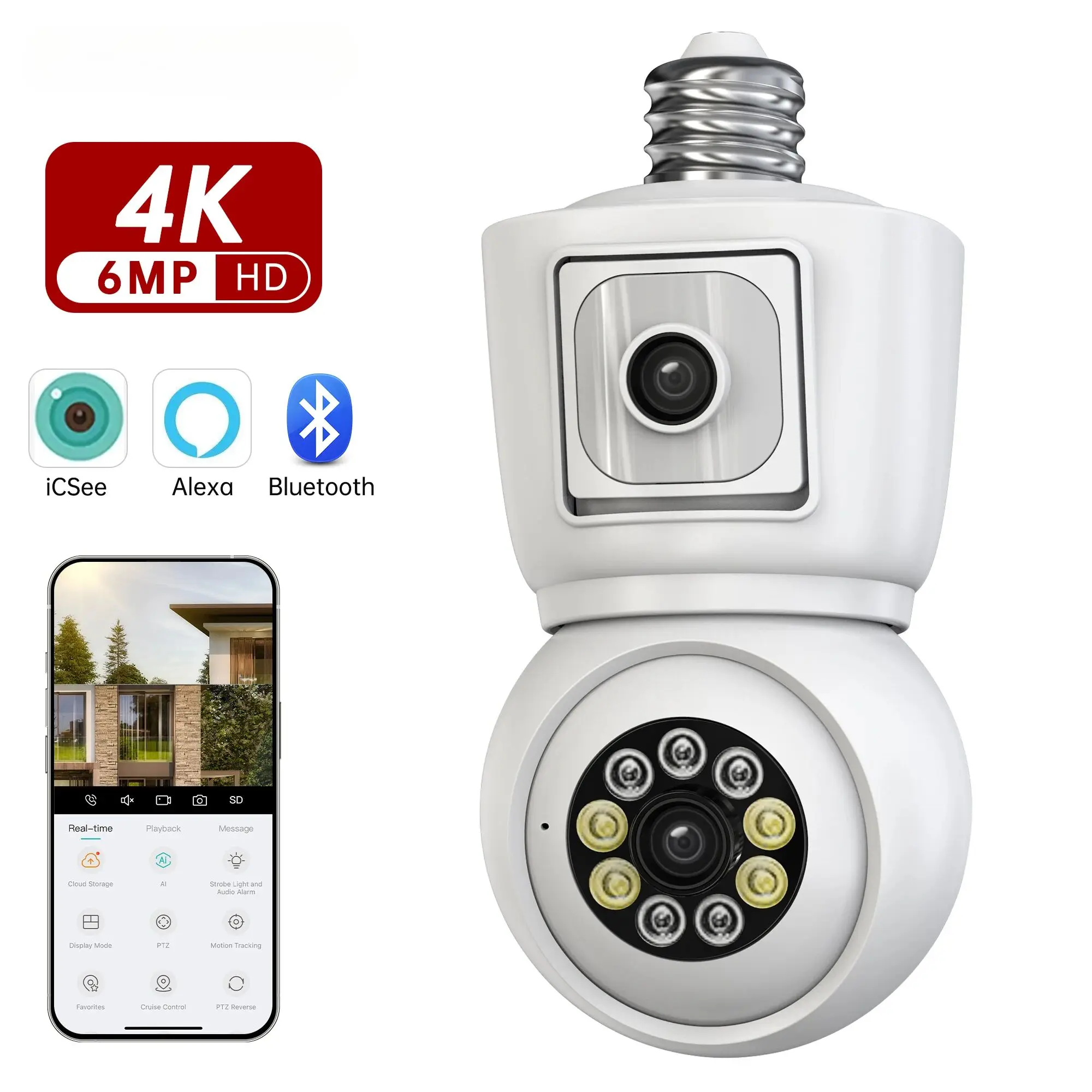 ICSEE 4K 8MP E27 ampoule WiFi caméra double objectif double écran suivi automatique Audio bidirectio