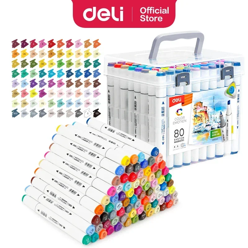 Deli 12/24/36/48/60/80 Kleuren Marker Set Art Marker Pen Op Basis Van Alcohol Manga Tekening School Kunst Levert Student Kids Cadeau