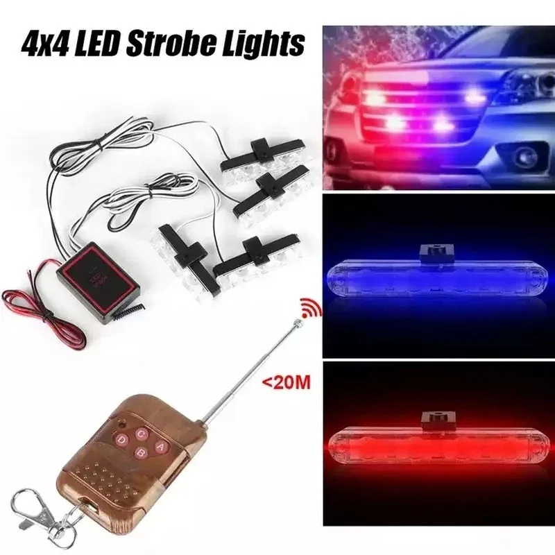 12V Car Strobe Grille Flashing Light Daytime Running Warning Light with Wireless Remote Control Emergency Signal Flash Red Blue