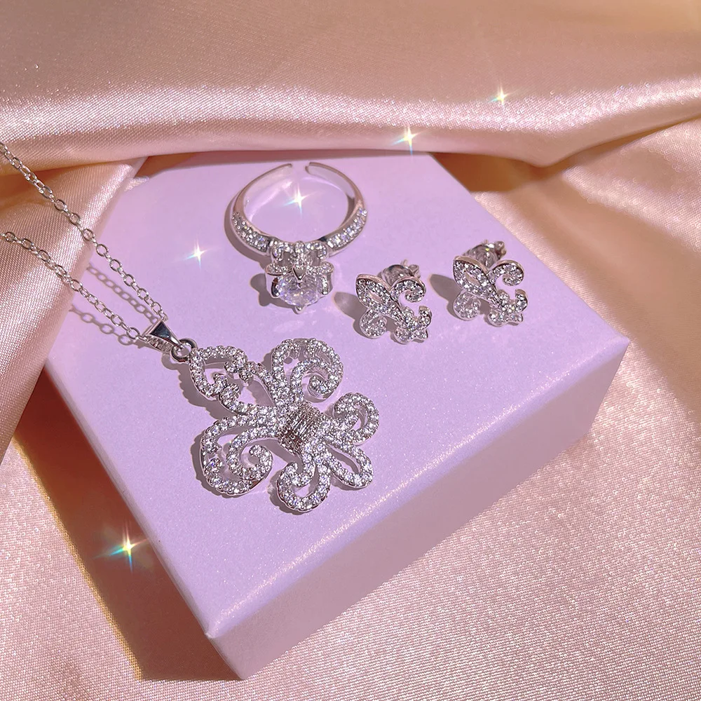 NEW Creative Hollow Cross Flower Three-piece Ring Pendant Necklace Stud Earrings For Women Anniversary Geometry Gift Jewelry