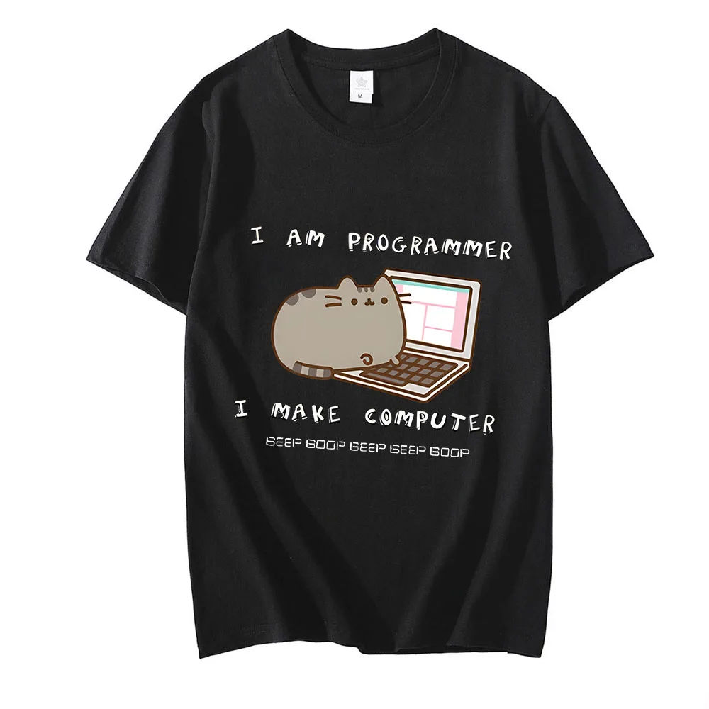 I Am Programmer I Make Computer T Shirt Program Cat Unisex Tee-shirt Short Sleeve Cartoon Tshirt Graphic Printing Kawaii Tees