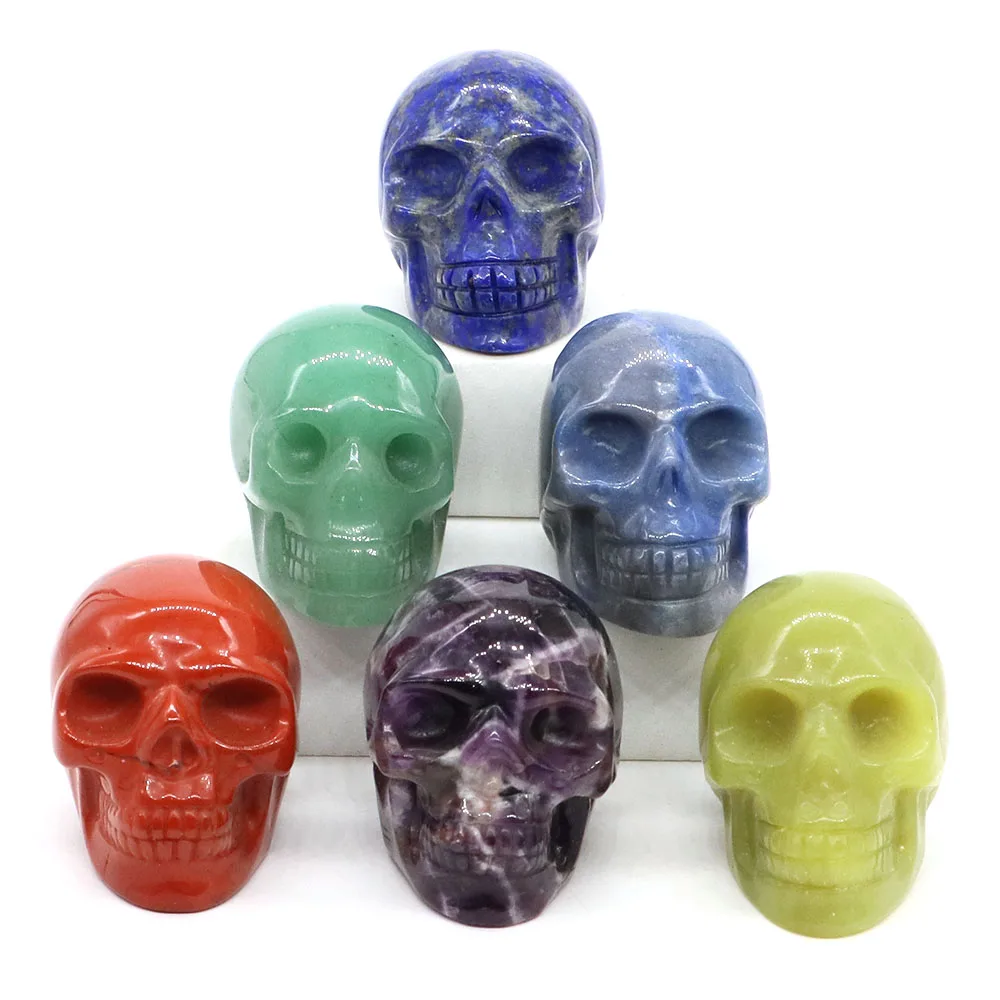 50mm Skull Head Statue Natural Stones Healing Crystal Amethyst Rose Quartz Gemstones Carved Ore