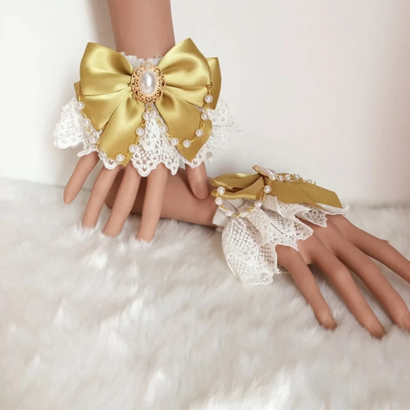 Süßes Lolita-Handgelenkmanschetten-Armband mit Spitze, Schleife und Perlenkette