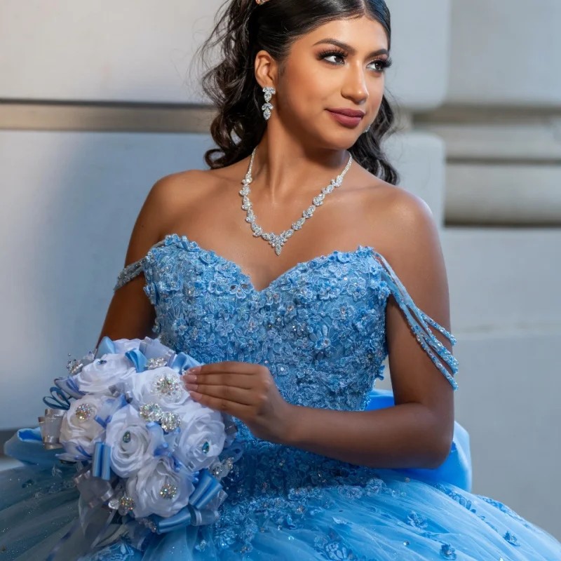 

Shiny sky blue Quinceanera Dress off-shoulder Lace 3D flower decal Bow vestidos de 15 Quinceanera ﻿Customize