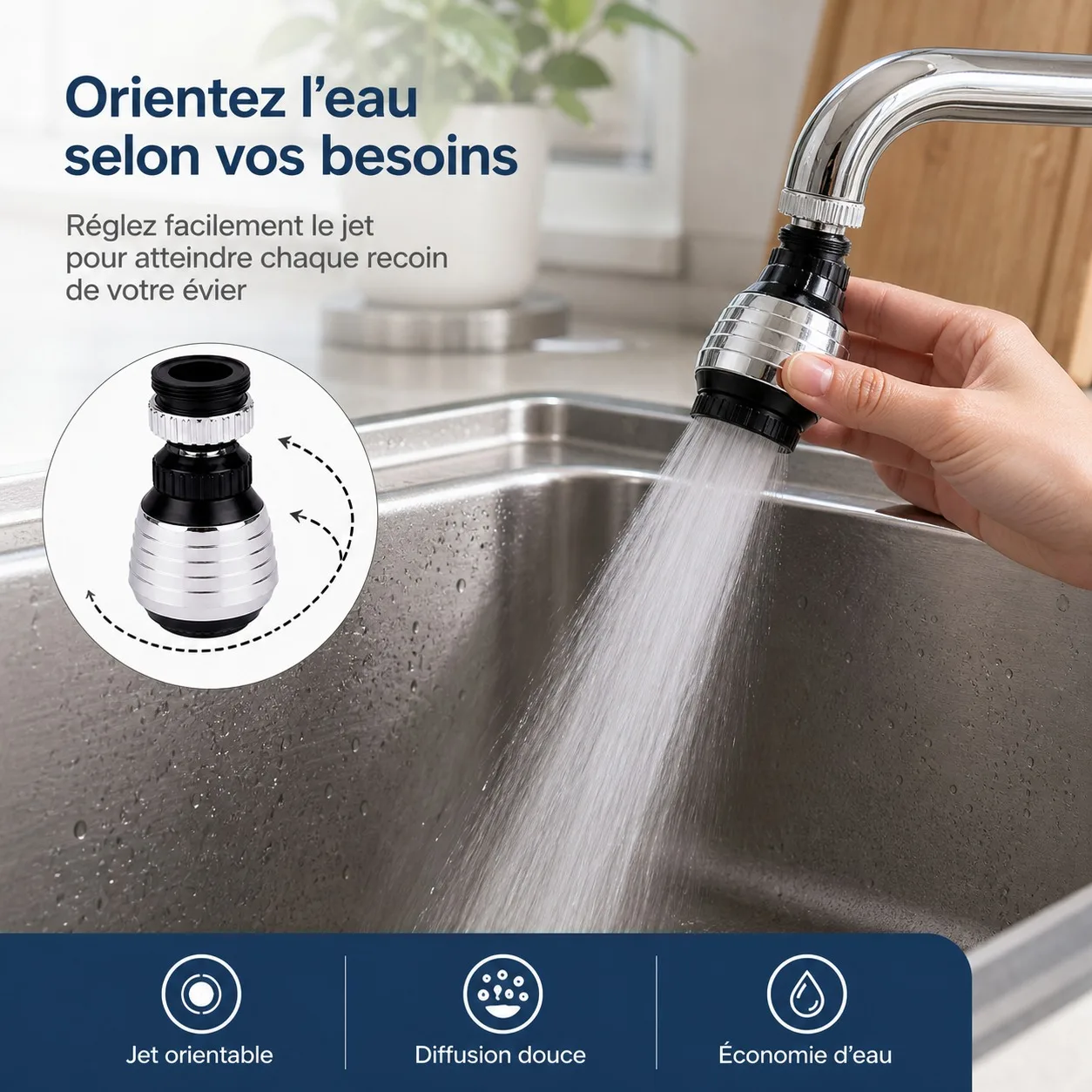 2pcs Embout Aérateur de Robinet Pivotant 360 Degrés Filtre Economiseur Eau Plastique Embout Orientable avec Adaptateur pour Evier Cuisine et Lavabo Salle de Bain