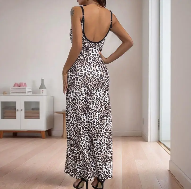 فستان نسائي طويل بطبعة الفهد بدون أكمام بقصة ضيقة للعطلات الصيفية والحفلات اليومية ونمط مثير #2