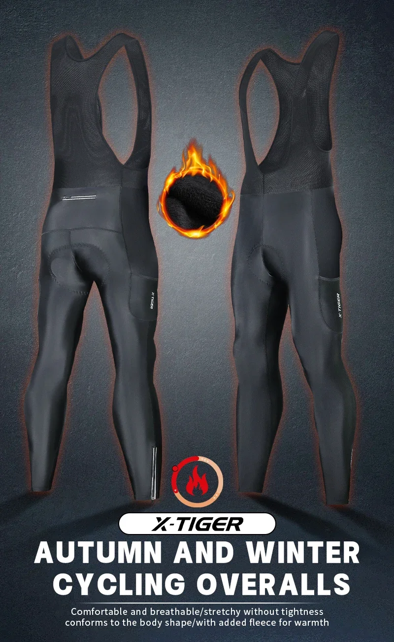 X‑TGER Winter-Fahrrad-Latzhose, Fleece, warm, Fahrrad-Latzhose mit 5D-Polsterung, 3 Taschen, für Herren, Langstrecken-Fahrradhose für kaltes Wetter – Detail 3