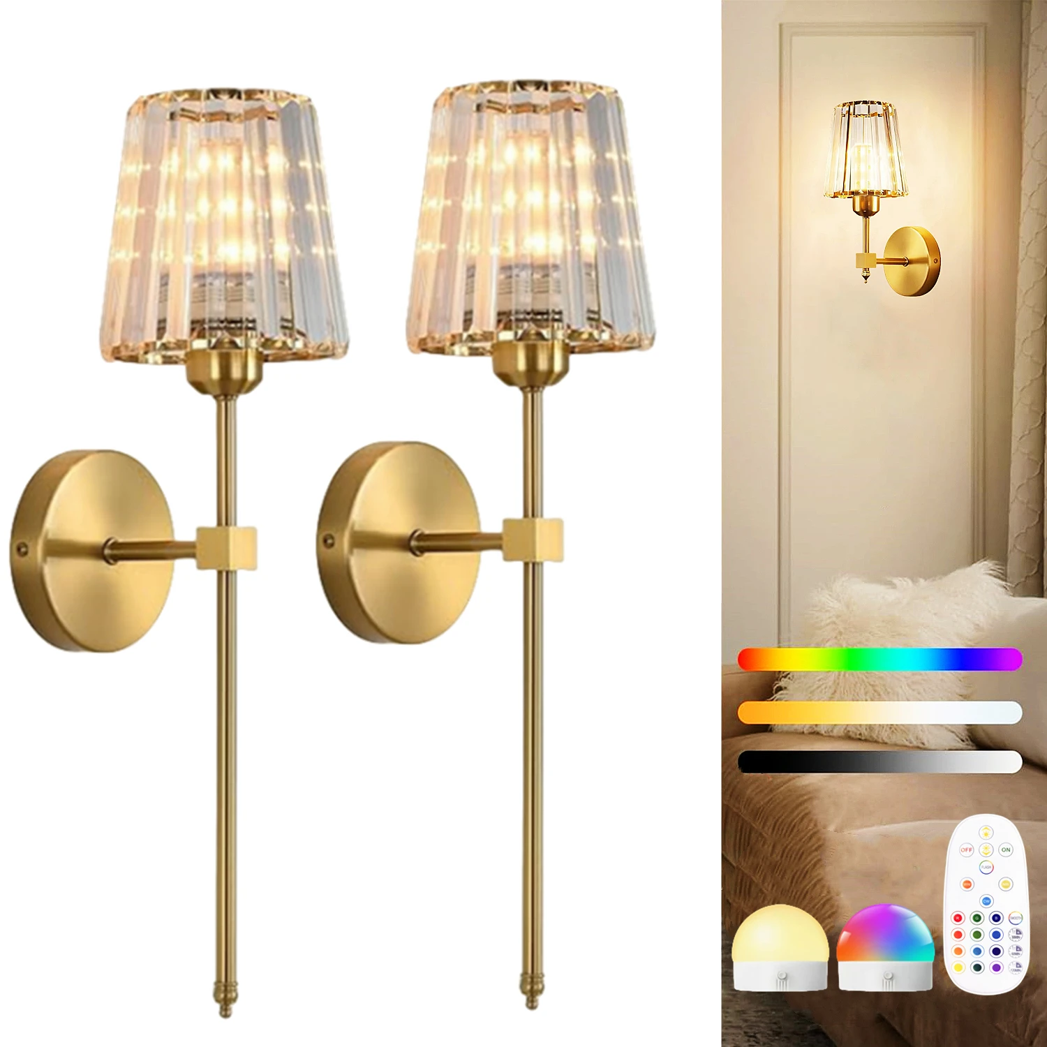 Battery-Powered Crystal Wall Light, Gold Wireless Wall Light with USB Charging Bulb, 15-Color Dimmable Wall Light with Remote Control, Suitable for Bedroom, Living Room, Hallway
