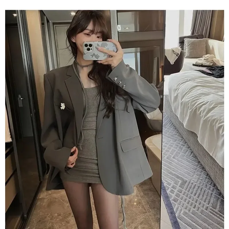 

Insozkdg Woman Fall Vintage Casual Short Long Sleeve Blazer Suit Coar Commuter Solid Loose Single-breasted Blazer Women Clothing