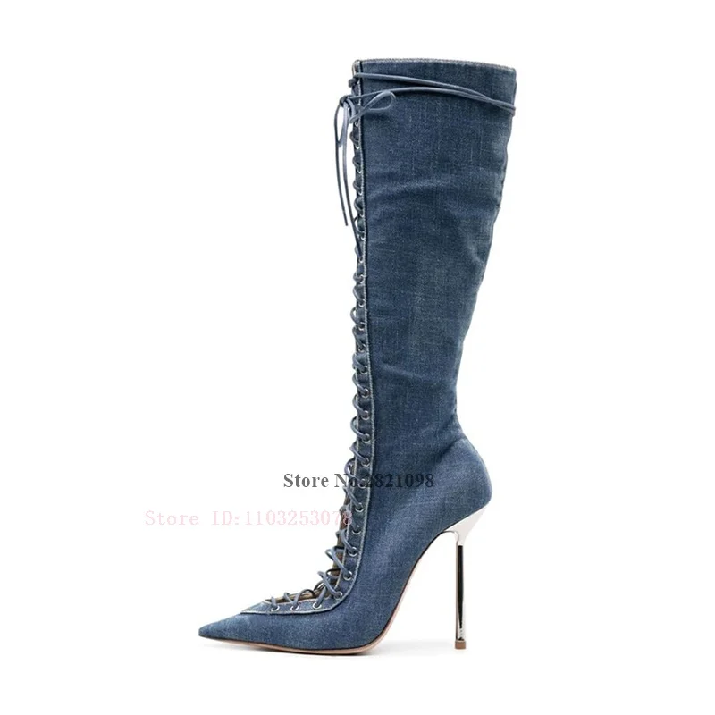 Thin Heeled Blue Denim Jeans Cut-Out Pointed Toe Front Lace-Up Fastening 120Mm Stiletto Heel Boots Women High Heel Boot