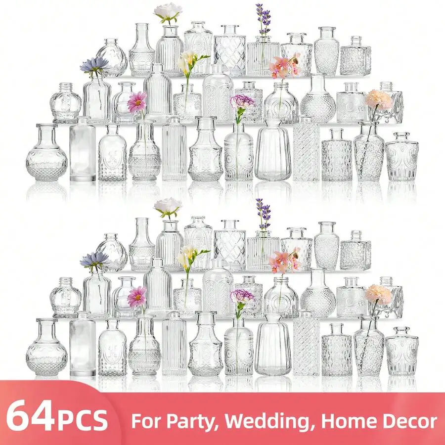Wholesale Glass Bud Vases Bulk Set Of 64 – Small Business Bulk Purchase For Flower, Rustic Weddings, Centerpieces & Home Decor| Discount Small Order Vases For Florists & Event Planners, Mother's Day Decor, Ideal Mother's Day Gift