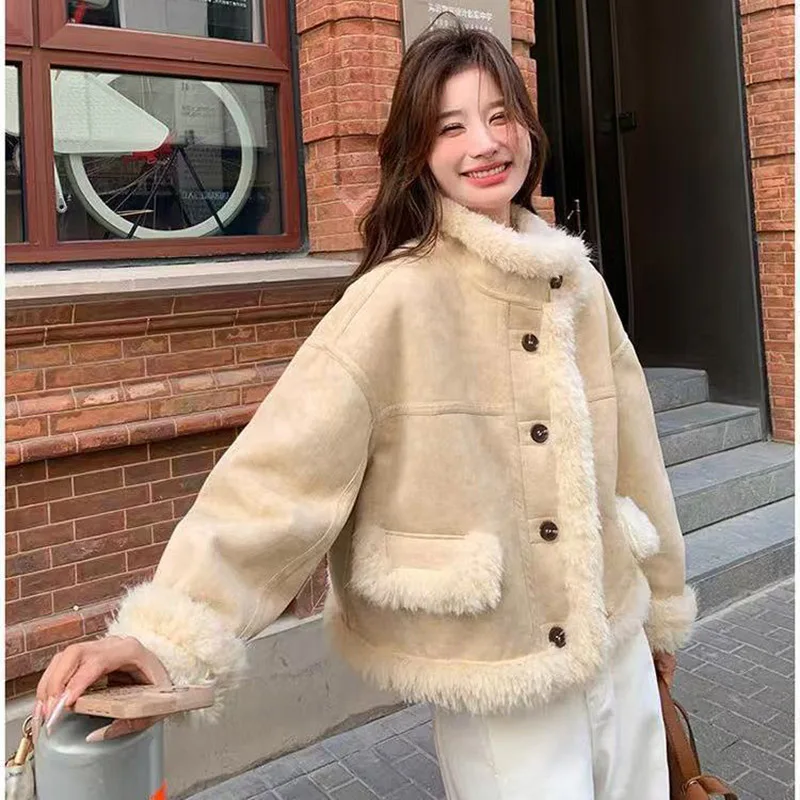 

Зимнее стеганое теплое пальто из овечьей шерсти в стиле ретро с воротником-стойкой, короткое свободное меховое пальто