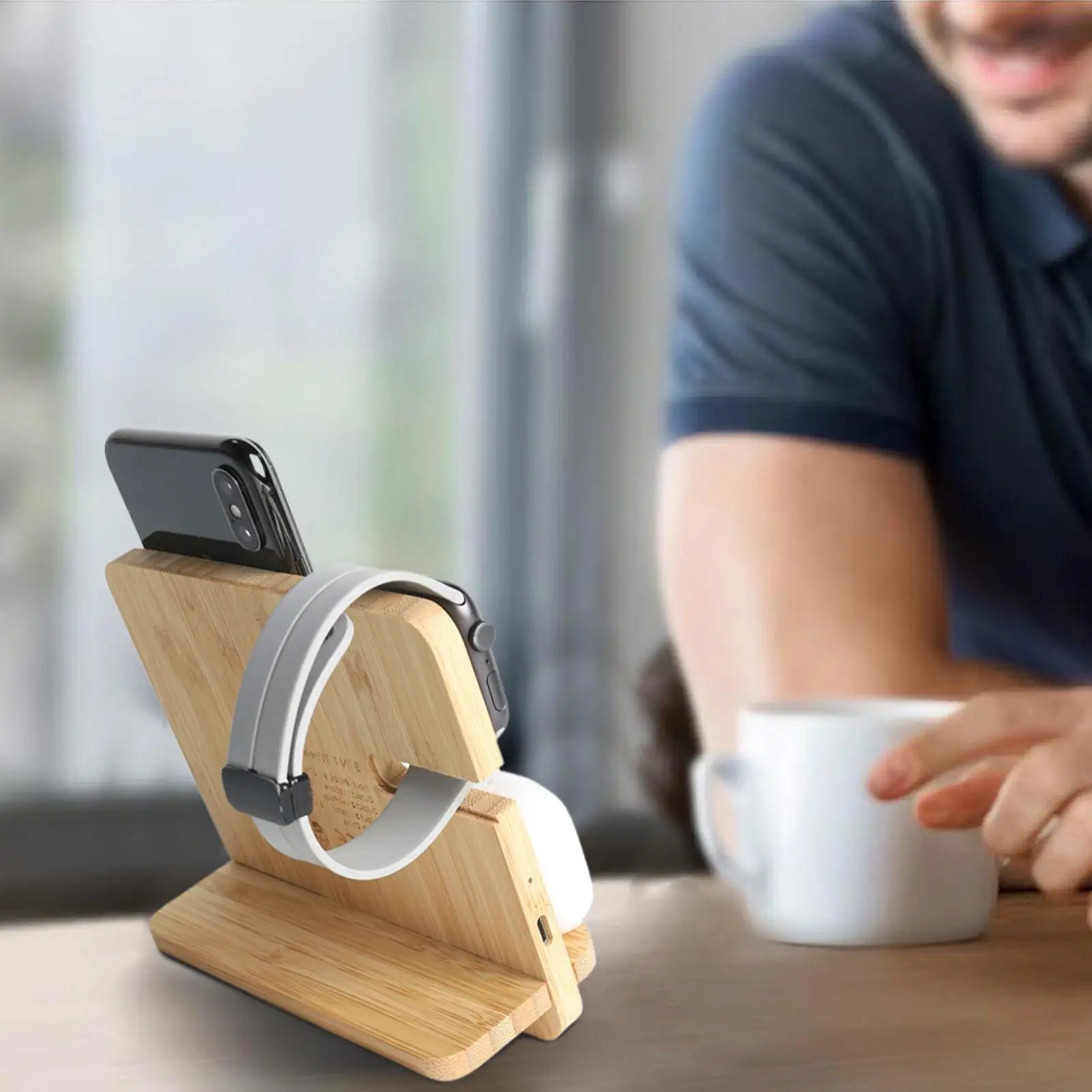 Wood Wireless Charger Portable Charger Station 15W Fast Charging Base for Earphones Nightstand Dressing Table Smartphones