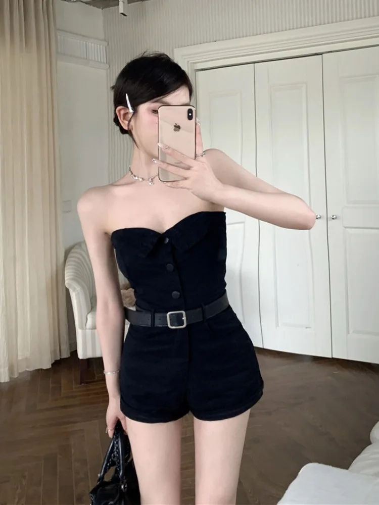 Black One Shoulder Strapless Jumpsuit Women Summer New Hottie Temperament Casual Tube Top High Waist Slim Wide Leg Shorts