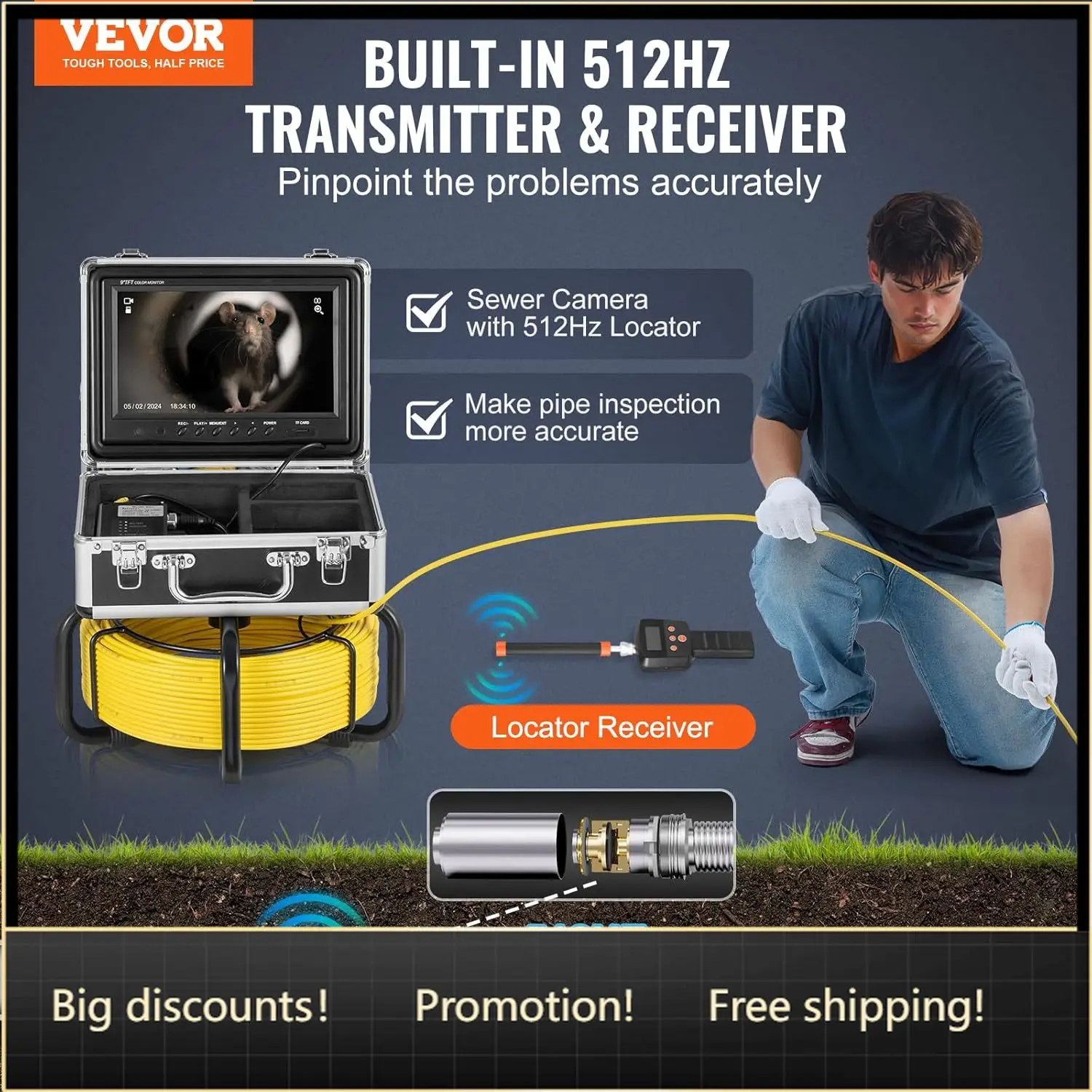 

VEVOR Sewer Camera with 512Hz Locator,165 ft/50 m, Self-Leveling Drain Inspection Camera with 9" 1080P HD Screen, 36X Zoom, Snak