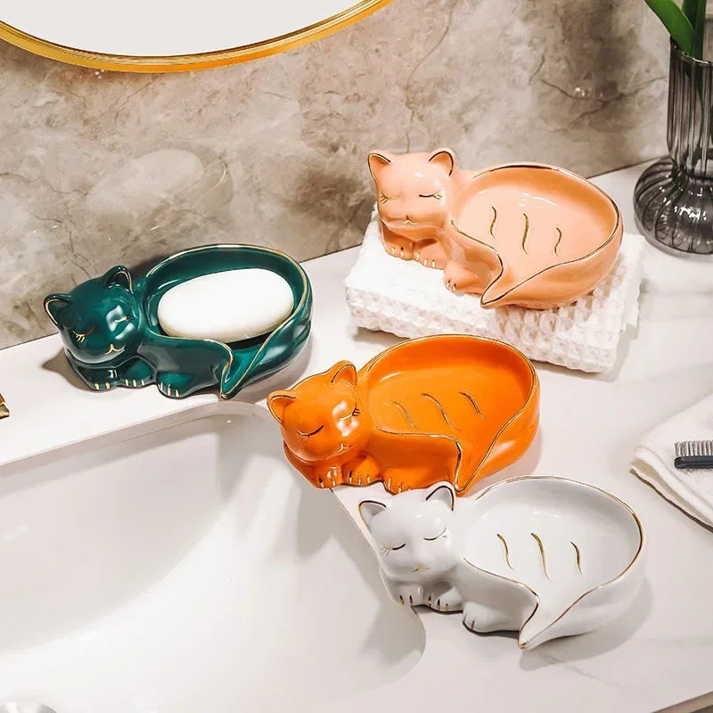 Cartoon Cute Cat Shape Soap Box with Drain Water Soap Box Wash Basin Drainage Shelf Ceramic Soap Dish Bathroom Accessories 2024