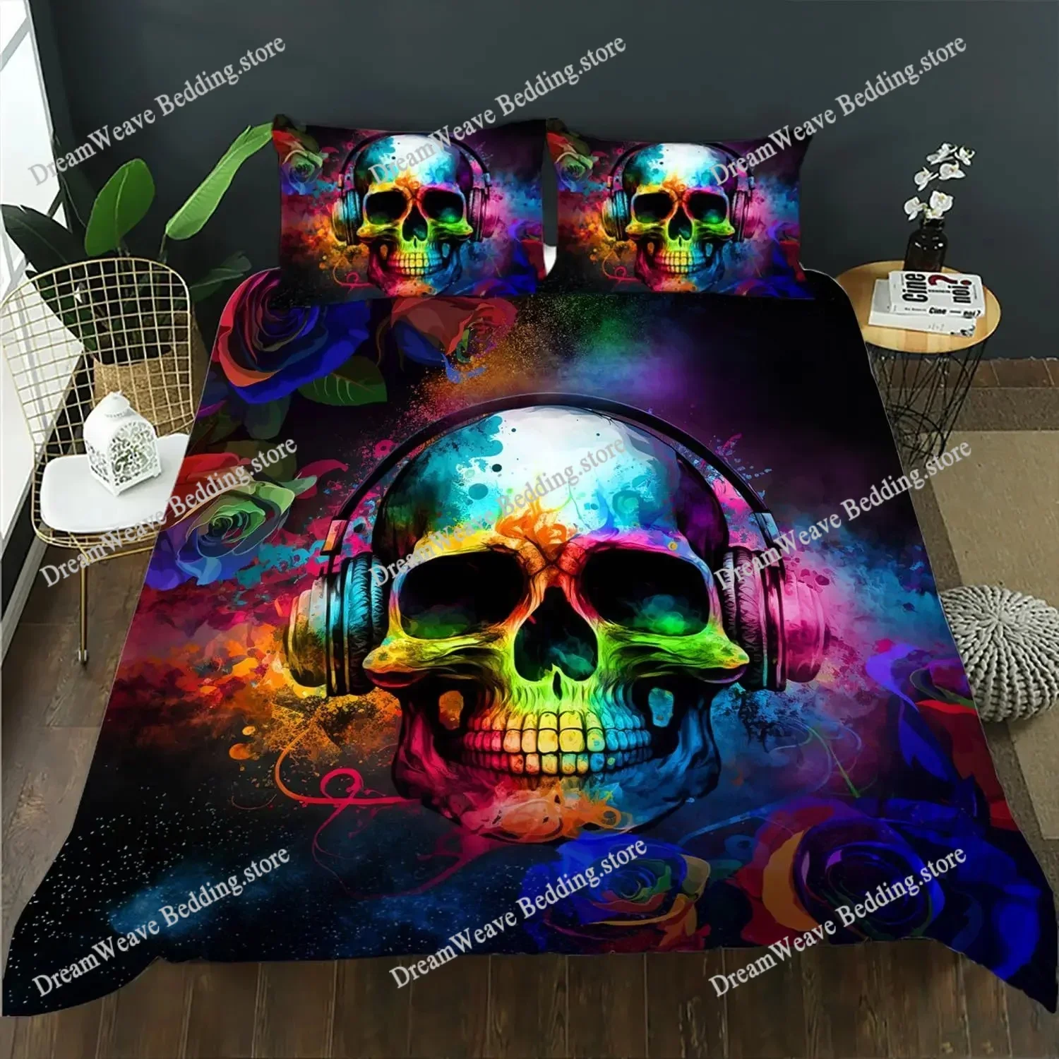Gothic Skull Duvet Cover Set Queen Size, Black and White Skull Bedding Set for Boys Teens Men, Retro Floral Comforter Covers Set 5
