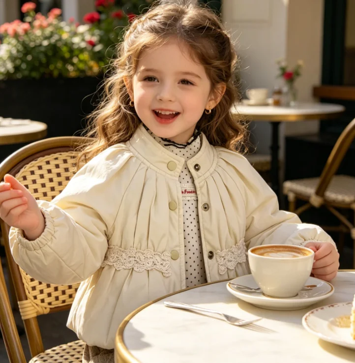 Girls' Coat 2026 Spring and Autumn New Childrens Clothing Korean Style Girl Baby Sweet Lace Pinching Waist Cotton-padded Clothes