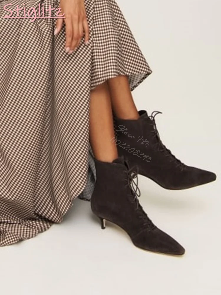 

Suede Cross-tied Ankle Boots Retro Solid Pointed Lace-up Stiletto Short Boots Autumn Office Lady Fashion Shoes 2025 New Low Heel