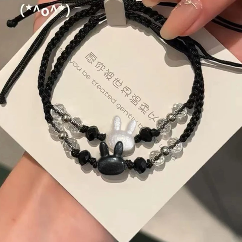 2025 اليدوية حبل أسود سوار عشاق الأصدقاء الطبيعية Moonstone أرنب سحر قابل للتعديل أساور حزب زوجين مجوهرات هدايا #1