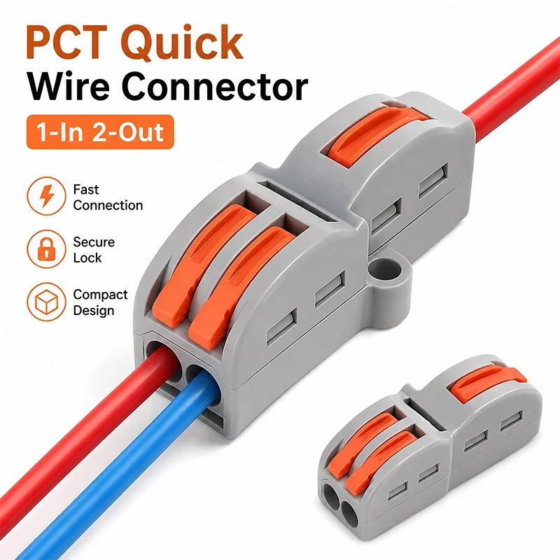 10PCS -PCT 1 in 2 Out Quick Push-in Wire Connector Plugable Splice Terminal Block 2 Position Parallel Cable Connector