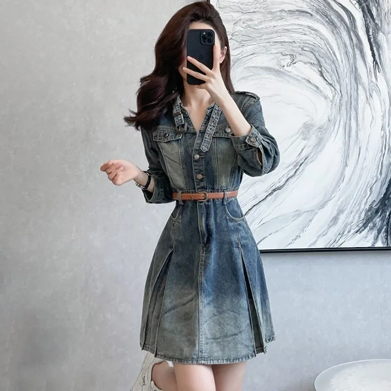 Frühling Neue Denim Kleid Langarm Retro Kurzen Rock EIN Wort Französisch Casual Hemd Kragen Rock Einfache Pendeln Koreanische Version