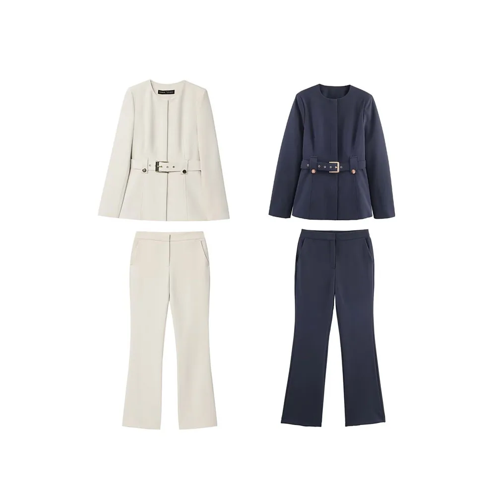 

Осенний новый женский модный однотонный приталенный пиджак с поясом и повседневные брюки-клеш