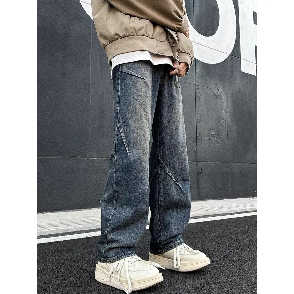 Loose Straight Leg Men's Jeans Casual Washed out Patchwork Design American High Street Style Autumn New Arrival Youth Fashion