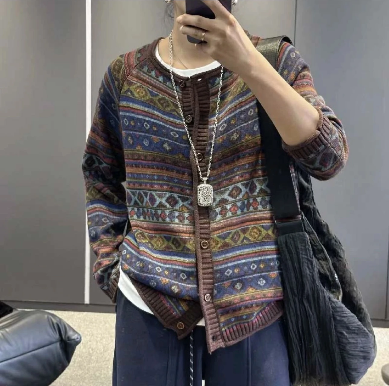 Nieuwe collectie high-end vroege herfst retro faionable n casual print katoen team open vest dames gebreide trui