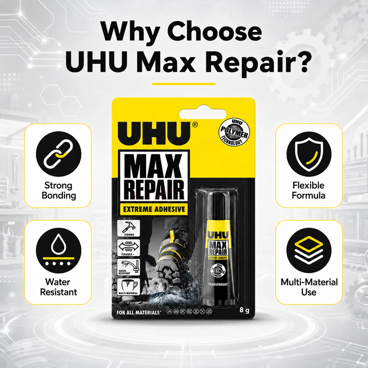 UHU Max Repair 8g Extreme Adhesive Universal Strong Waterproof Flexible Repair Glue for Plastic Metal Rubber Shoe Home DIY