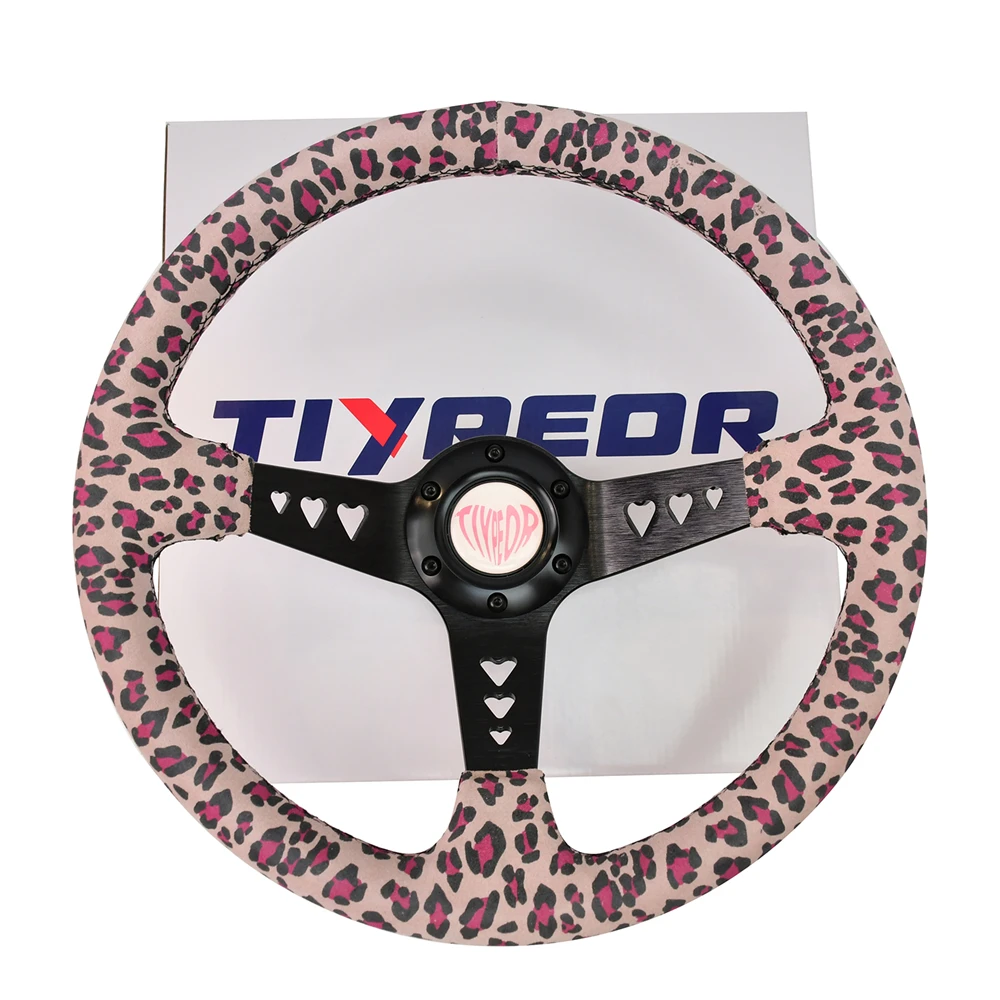 

TIYPEOR 350mm Heart-Pink Leopard Print Racing Steering Wheel 6 Bolts Deep Dish Sports steering wheel with Heart Hole