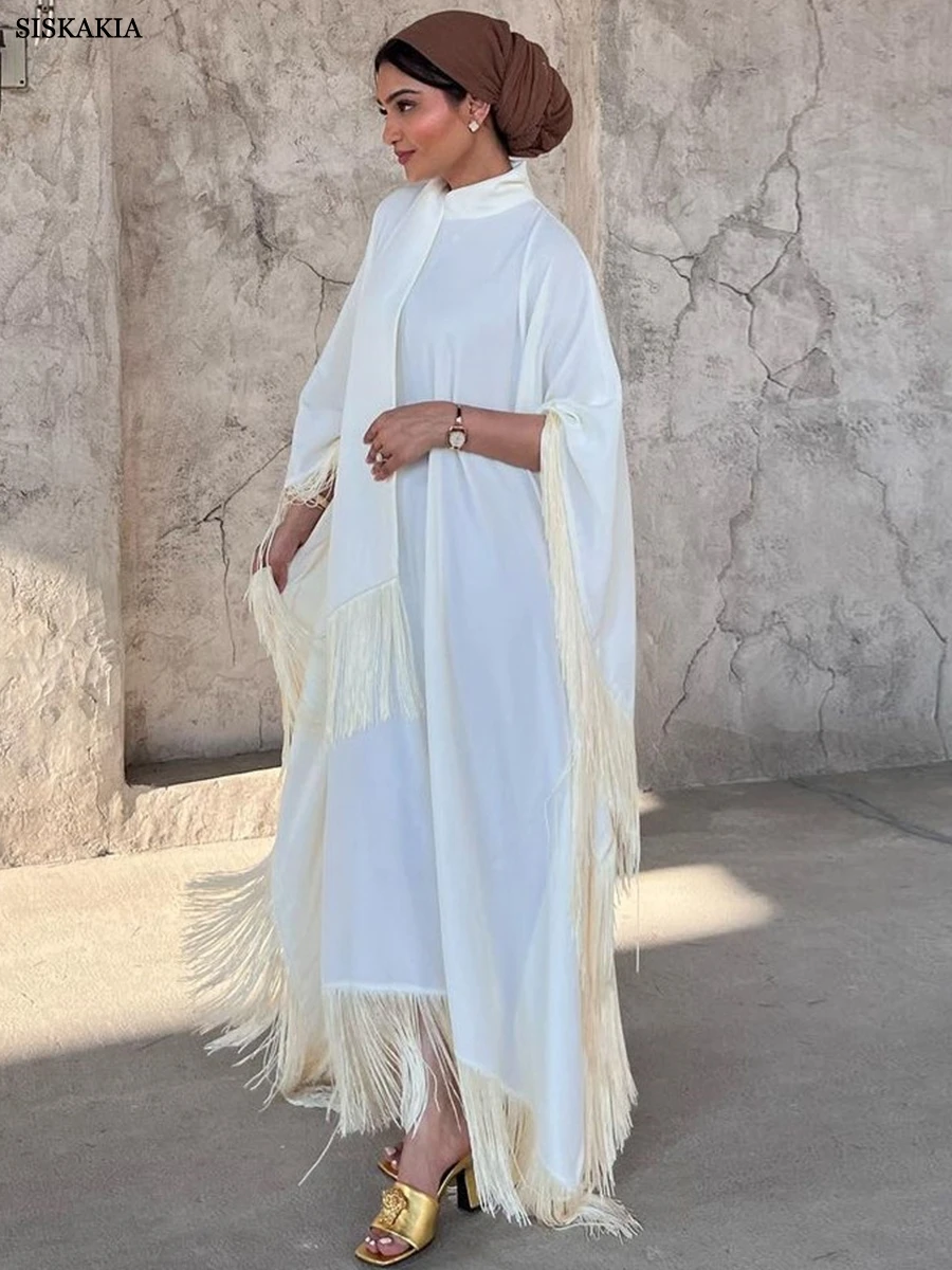 Modest Muslim Batwing Sleeve Tassel Kaftan Light Apricot Corban Eid Al Adha Party Evening Dresses Moroccan Turkey Dubai Abaya