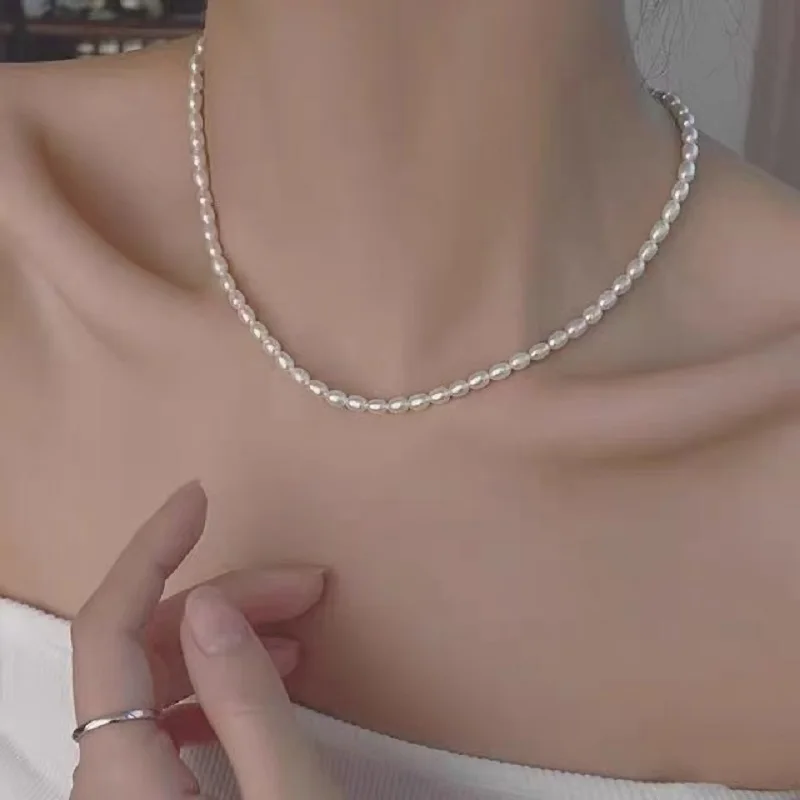4-5mm Natürliche Süßwasser Perle Halskette Echte S925 Sterling Silber Choker Halskette Für Frauen Schmuck Mode Geschenk – Detail 3