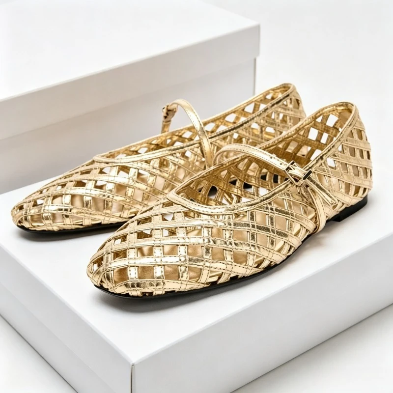 Weave Brand Ballet Flats Women Gold Hollow Fashion Rome Women Sandals Buckle Comfort Casual Round Toe Mary Jane Shoes Women