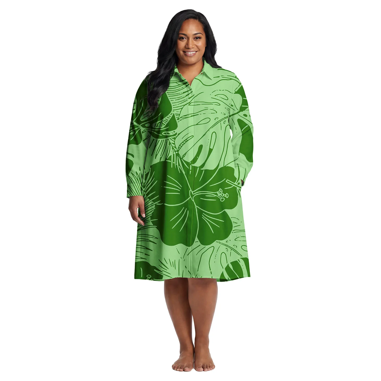 Island Plus Size Cozy Clothes Beach Casual Long Sleeve Ladies Classic Shirts Dress Hawaiian Hibiscus Print Women's Elegant Dress