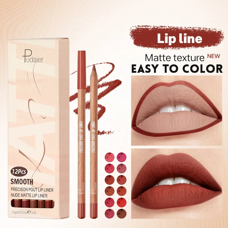 Pudaier Velvet Matte Mousse Plump Lip Liner ชุดกันน้ํา Long Lasting Fast แห้งเม็ดสีสูง 12pcs Lip Liner ดินสอชุด
