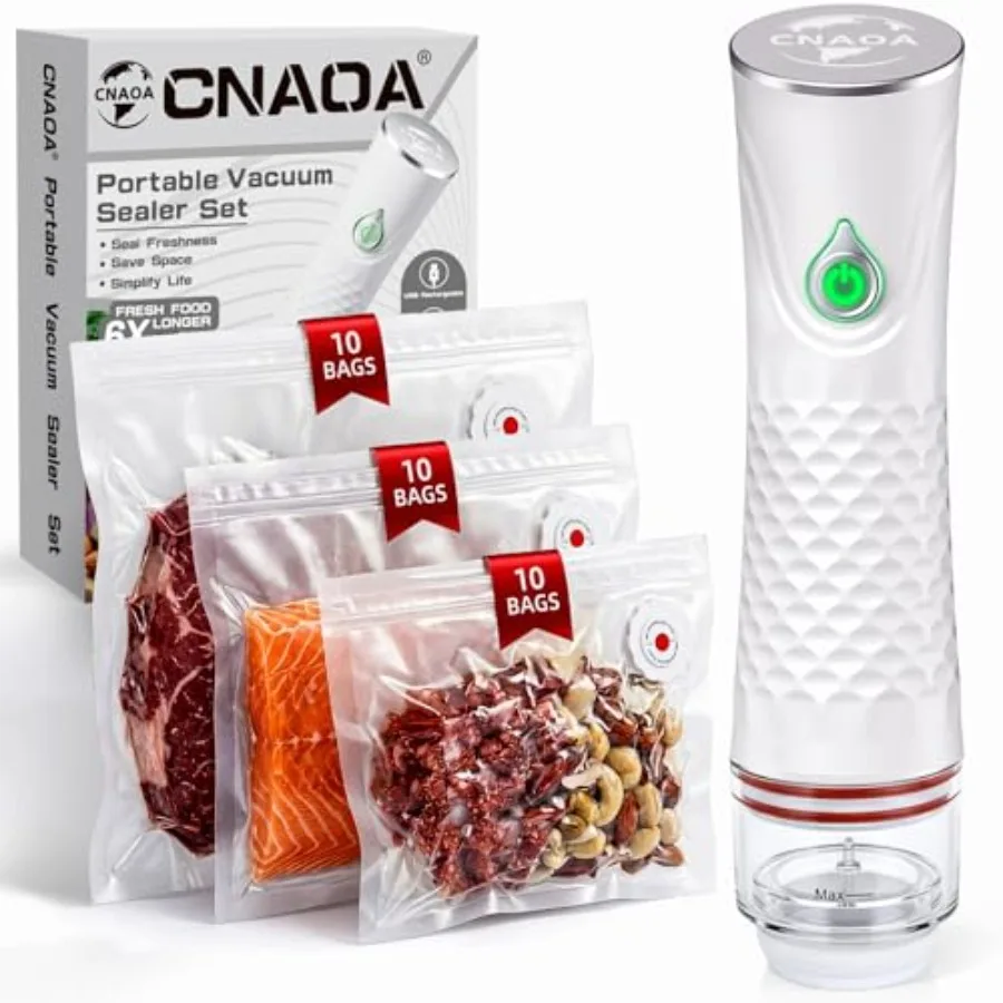 

Compact with 30 3rd-Generation Upgraded Reusable High Seal Bags Powerful Handheld Machine Keeps Food Fresh Up to 6X Longer Port