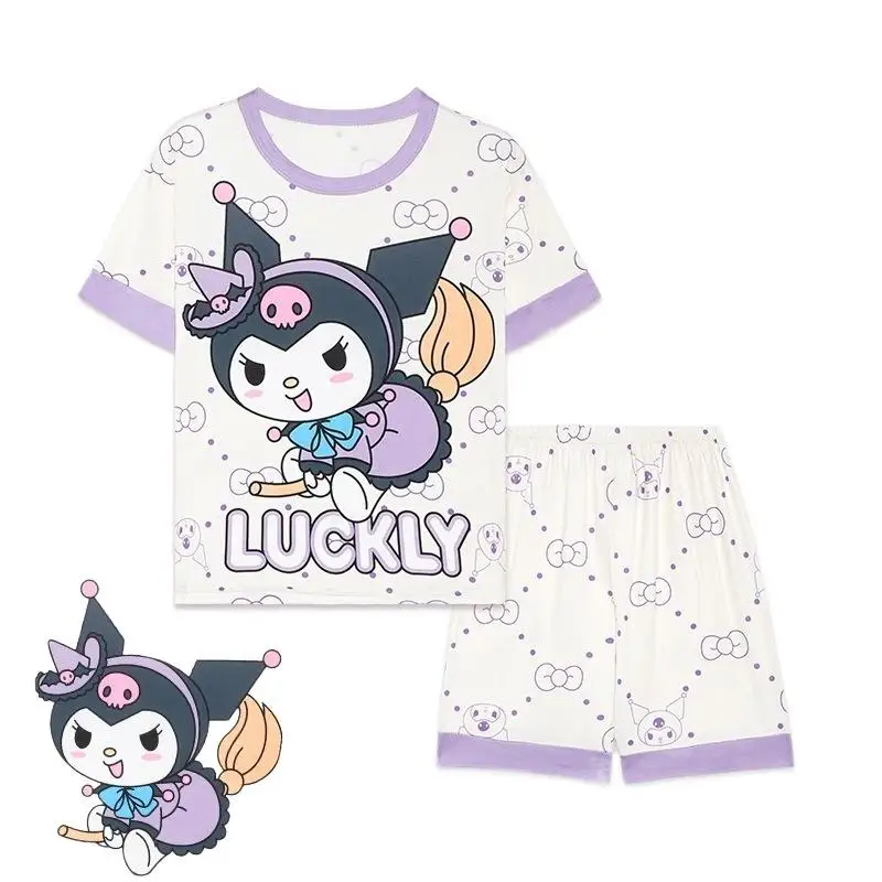 Sanrio Cinnamoroll Pijama de manga curta para crianças, Kawaii, Hello Kitty, Kuromi, Pijamas dos desenhos animados, roupas domésticas, calções de verão