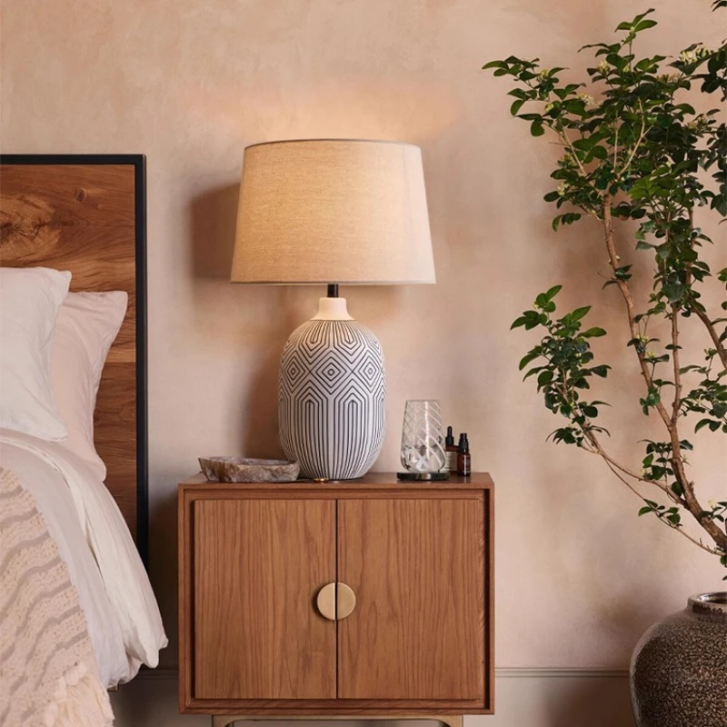 Japanese Retro Hand Carving Ceramics LED Table Lamps White Linen Lampshade Living Room Bedroom Restaurant Tea House Desk Lights