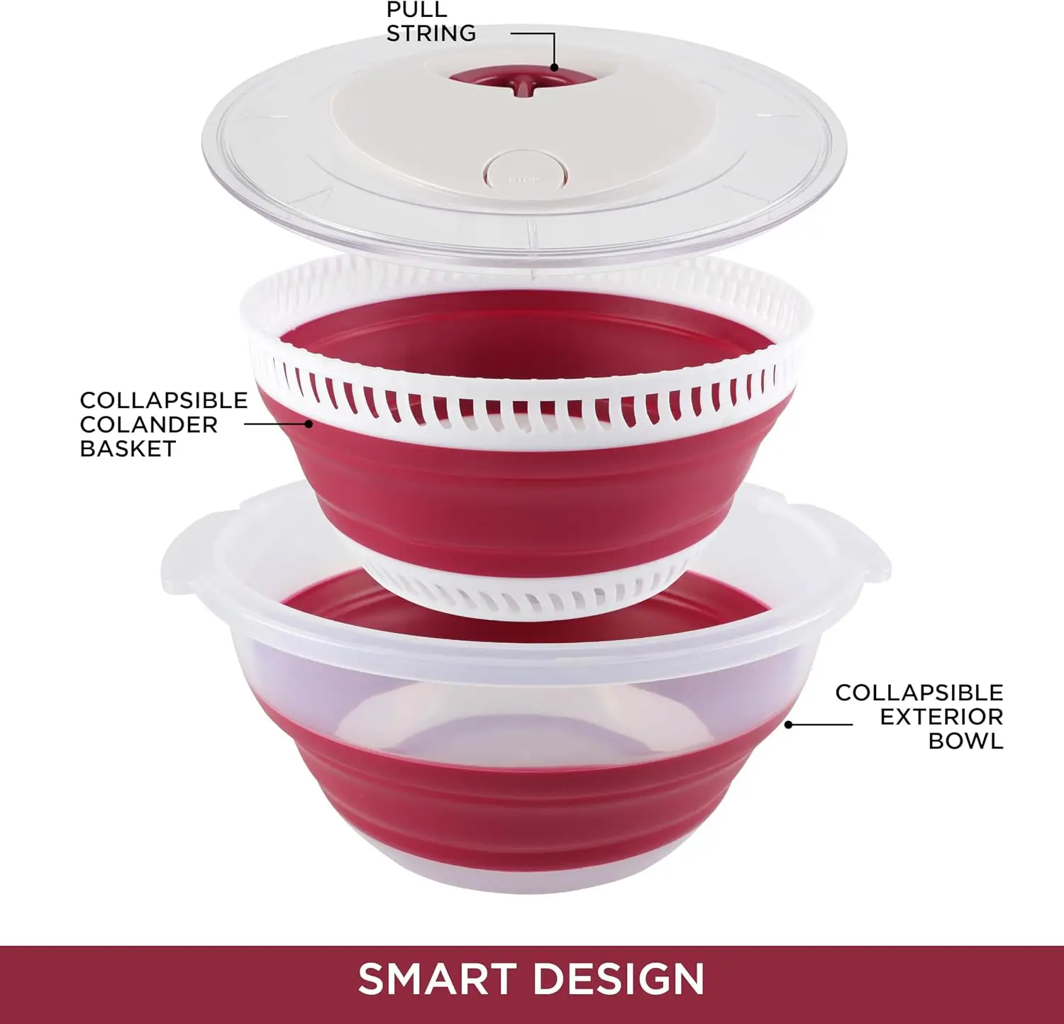 4 QT Rose‑Tone Collapsible Salad Spinner, space‑saving folding colander design, household lettuce dryer for washing and dehydrating fruits and vegetables.