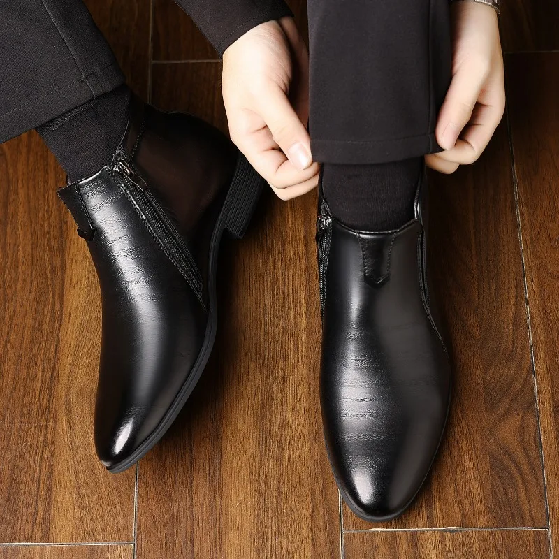 Men's Ankle Boots Pointed Toe Dress Shoes Luxury High-top Men Leather Shoes Non-Slip Chelsea Boots Fashion Side Zipper Men Boots
