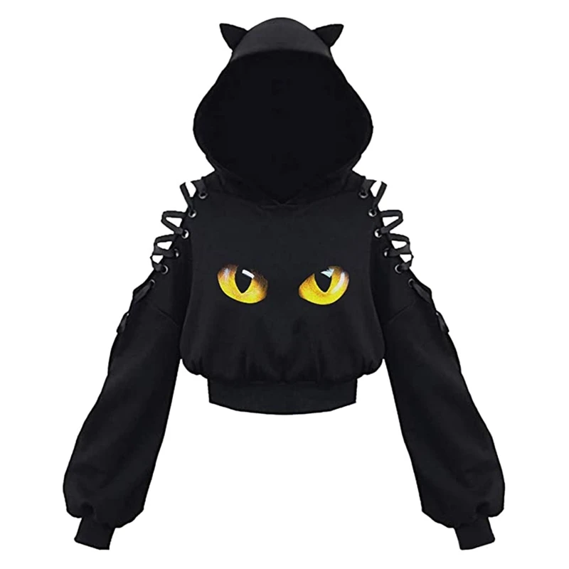 Y2k Gothic Womens Hoodie Cat Ear Crop Top Hooded Sweatshirt Hollow Out Lace Up Long Sleeve Hodded Casual Pullover Autumn