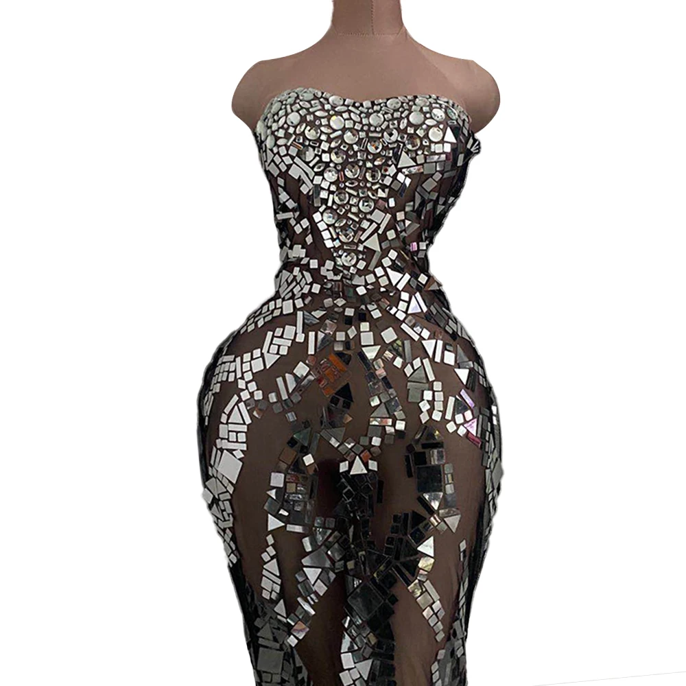 

Sexy See Through Halter Rhinestone Sequin Birthday Prom Dresses Women Stage Costumes Evening Long Dress Wedding Party Dress