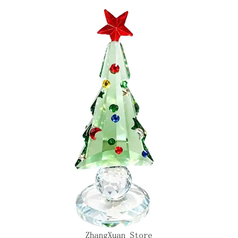 Bunte Kristall-Weihnachtsbaumfigur mit fünfzackigem Stern, facettierter Oberfläche und runder Basis für die Regalpräsentation – Detail 2